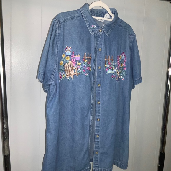 Bobbie brooks embroidered garden denim shirt 14W/16W  button front vintage 90s - Picture 1 of 6